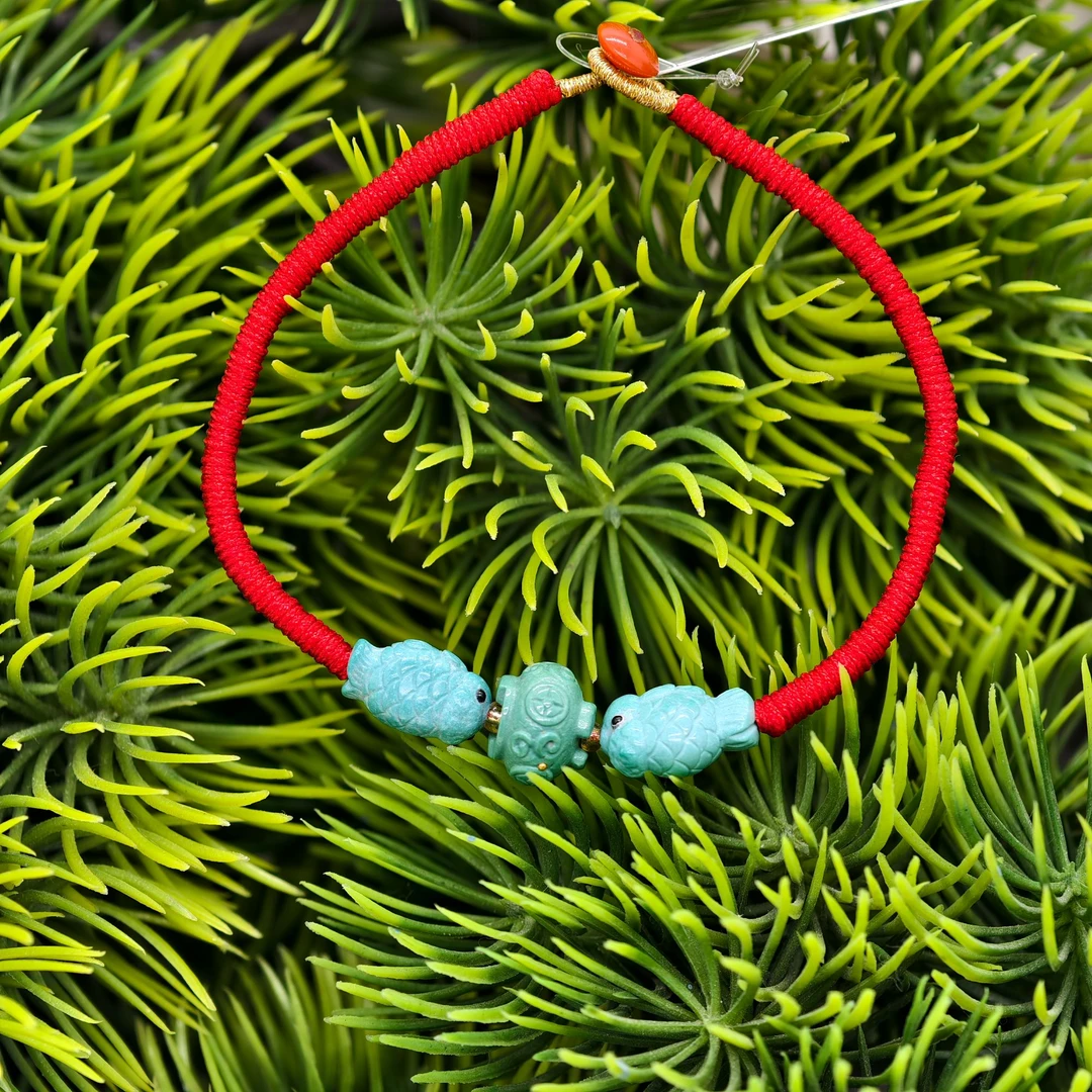 （慧子）品众精选绿松石锦鲤送财手链聚宝盆红绳编织手串罗汉鱼原矿