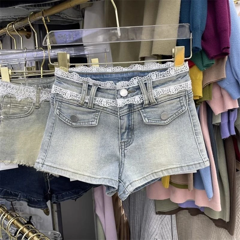 高腰口袋外漏烫钻辣妹牛仔短裤女2025夏季新款紧身显瘦a字热裤