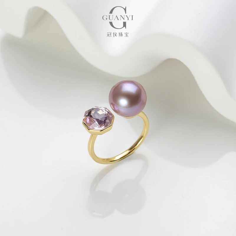 【老板娘专属】天然淡水紫珠戒指10-11mm简约开口镶嵌时尚气质指环