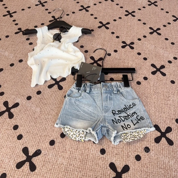 现货MZ.儿童夏季定制款复古时髦印花字母热裤牛仔短裤1713