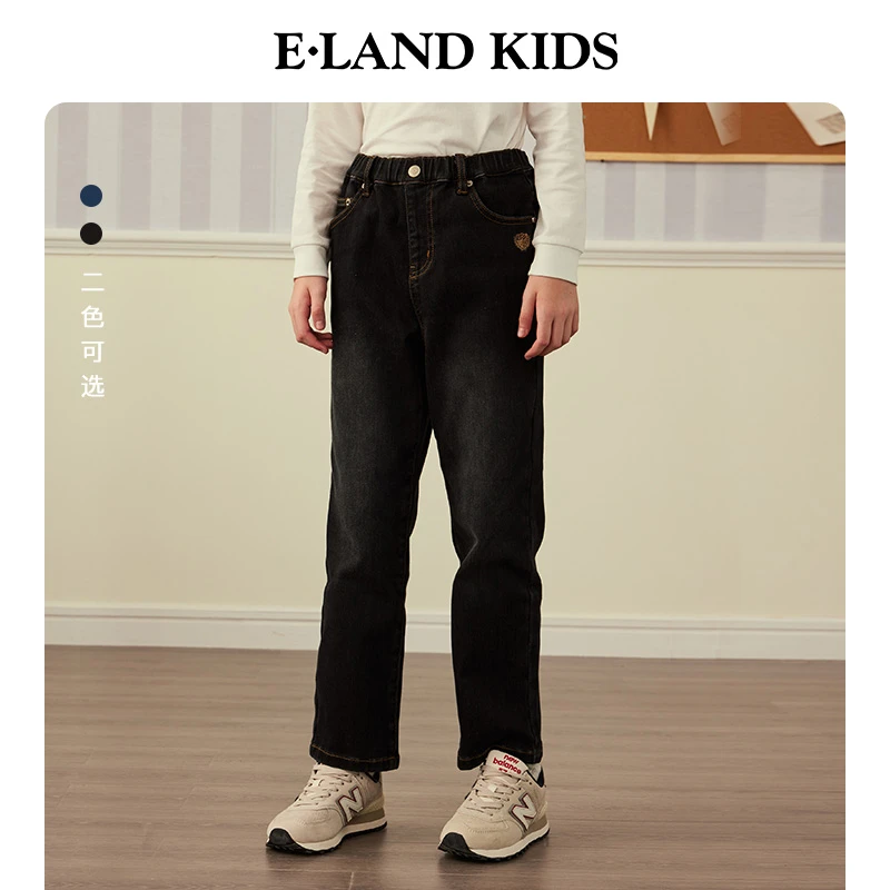 E·LAND KIDS衣恋童装年冬季学院风徽章刺绣牛仔裤EKTJE4T11O