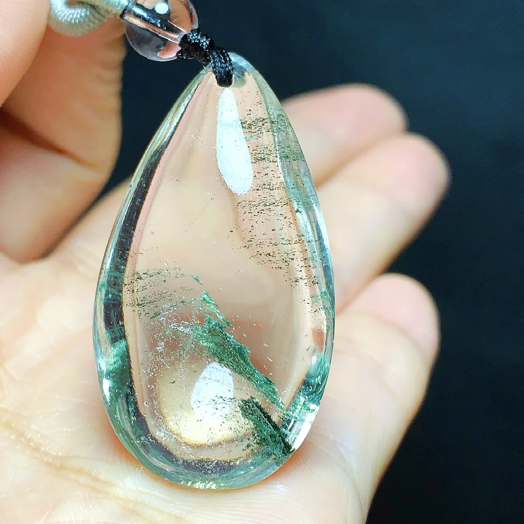 东海水晶天然绿幽灵水晶吊坠毛衣链平安通透水滴项坠男女款聚宝盆