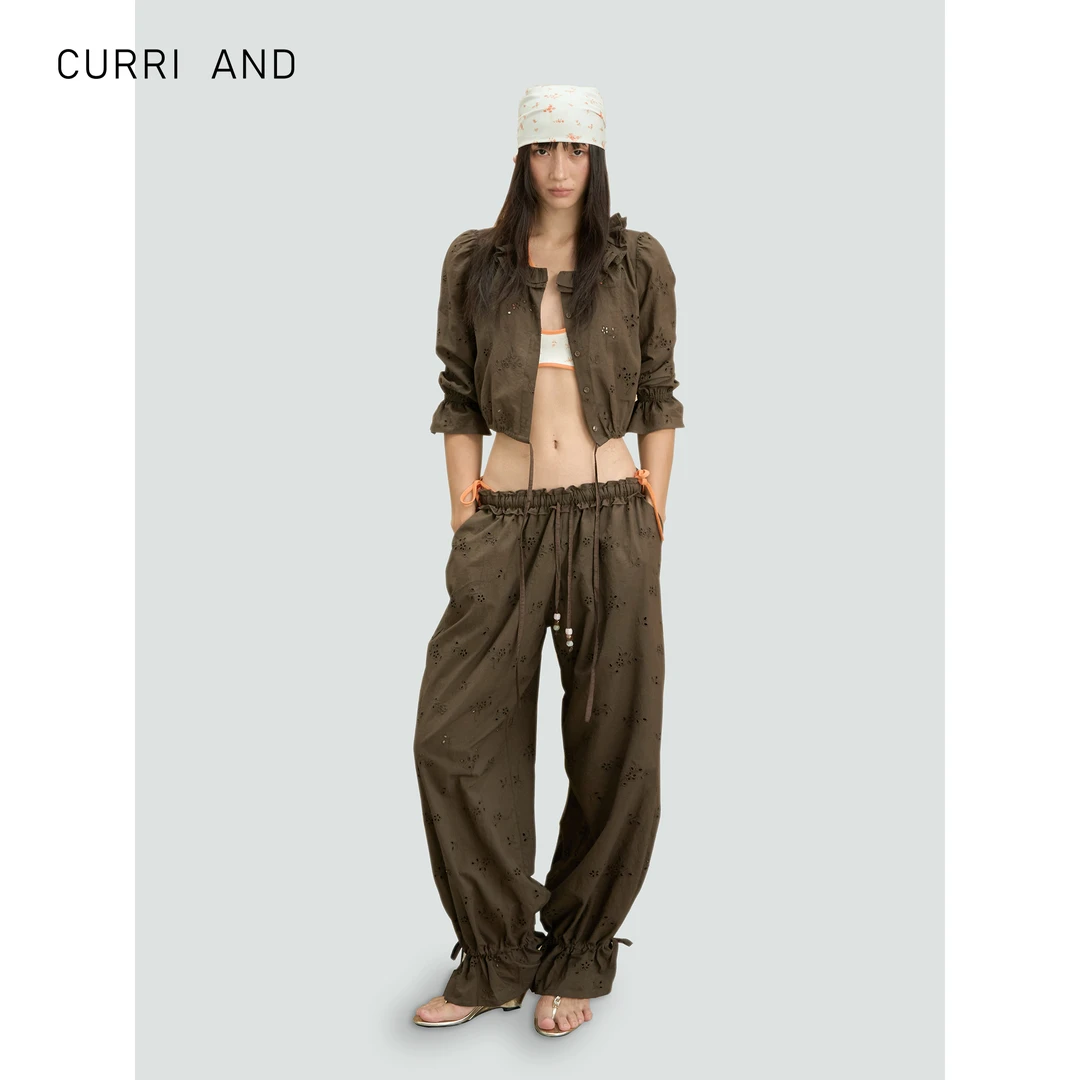 CURRI AND(原Curriges）莱赛尔天丝棉定制刺绣镂空束口休闲长裤