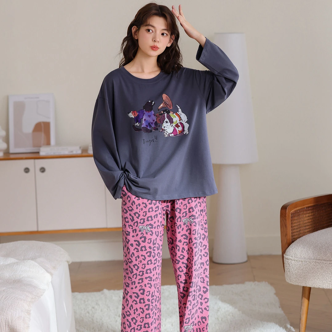 88857精梳棉睡衣家居服女秋季长袖搭配长裤慵懒休闲宽松居家套装