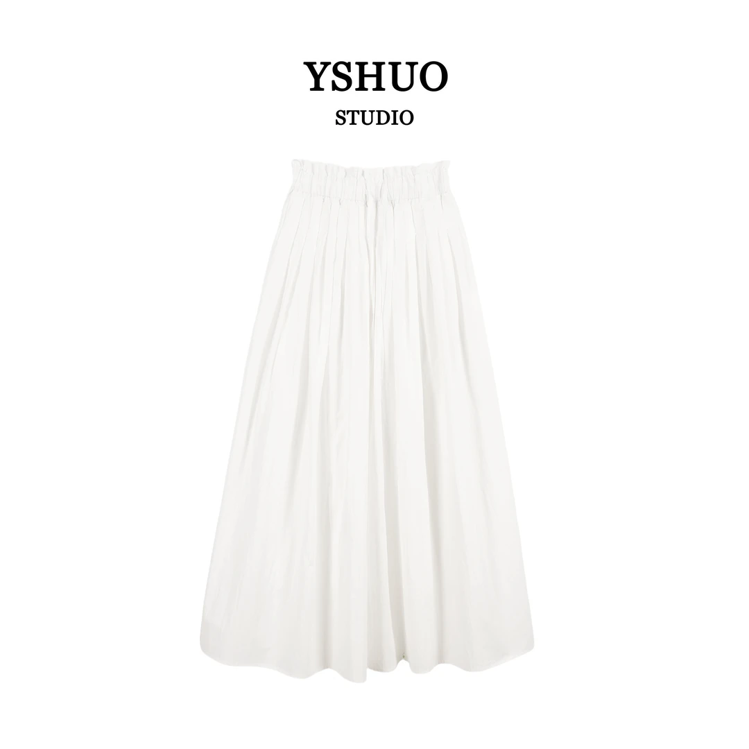 YSHUO【花瓣倾诉】白色触感柔软风琴褶皱高腰松紧A字半身裙 6776