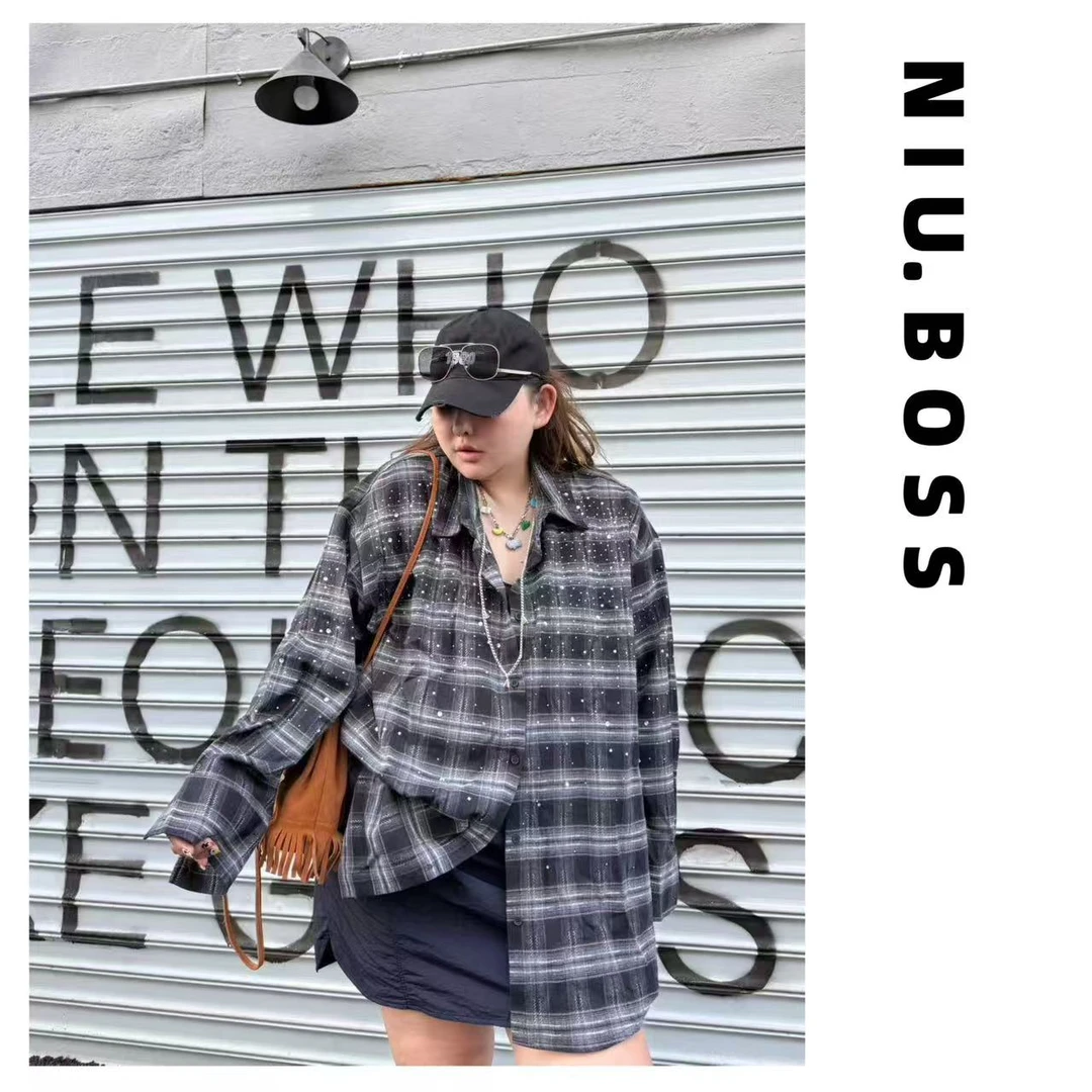 Three Ten. N大码260斤“星空”烫钻撞色格纹衬衫