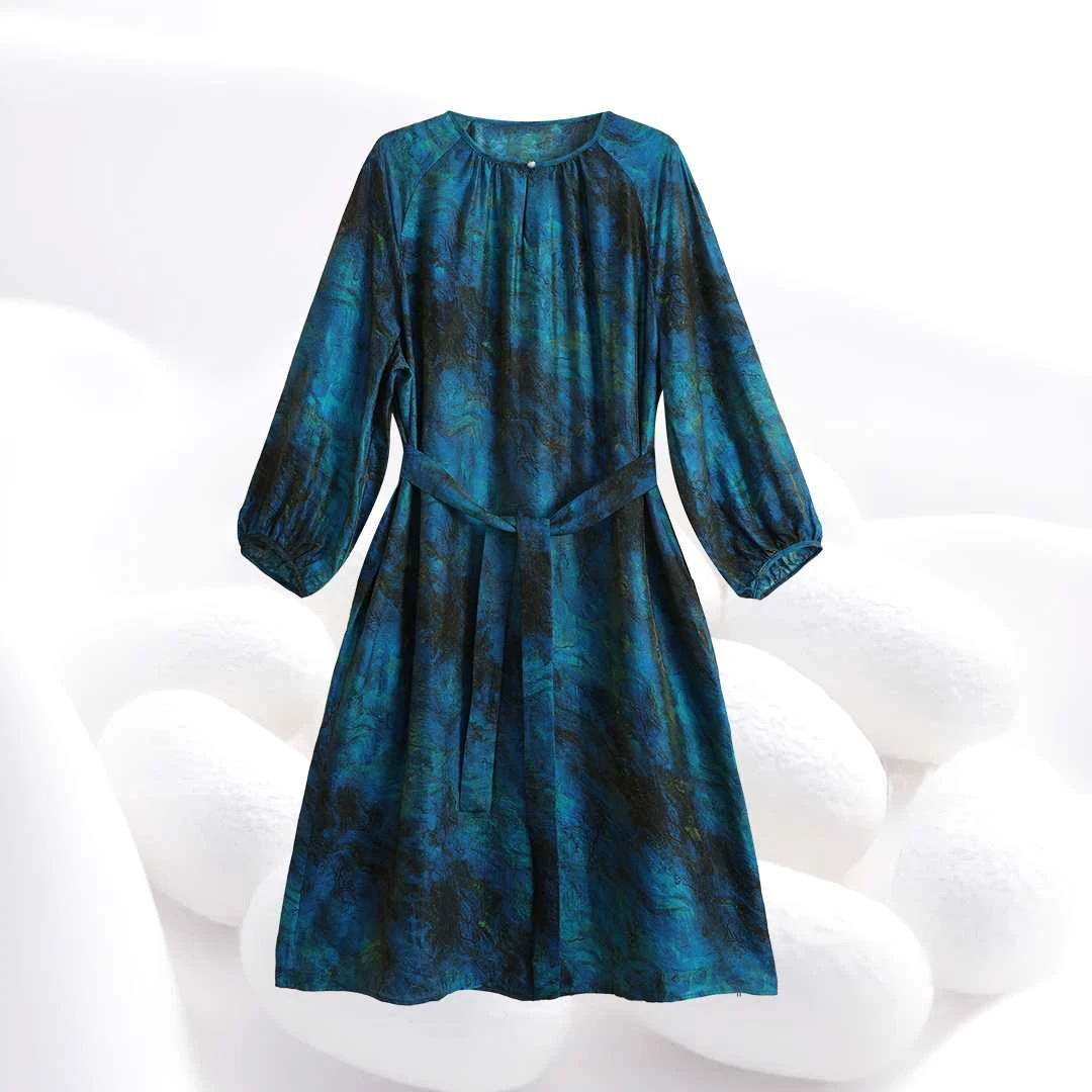 特价清【蓝眼泪连衣裙】浮光锦气质显瘦腰带圆领9分袖dz323