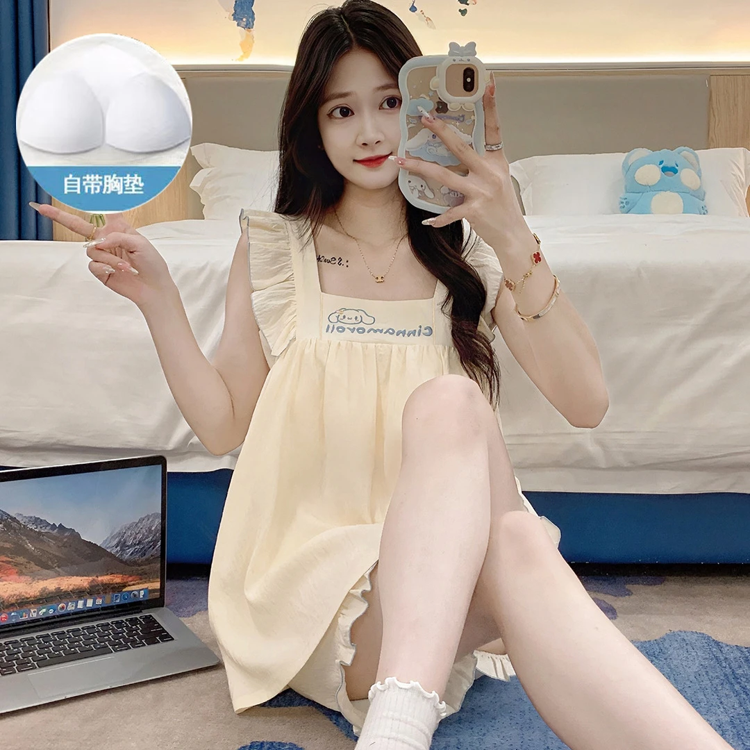 带胸垫睡衣夏天女款夏季云朵棉吊带背心短裤两件套可爱家居服套装