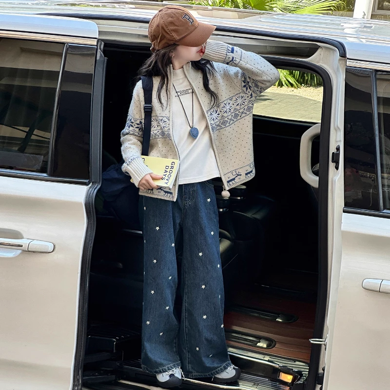女童秋冬提花毛衣2025新款女大童洋气秋装针织开衫百搭打底上衣潮