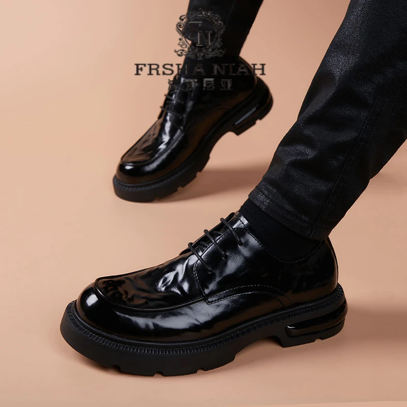 法莎尼亚男士黑色软底皮鞋新款休闲复古英伦风增高百搭韩版皮鞋子