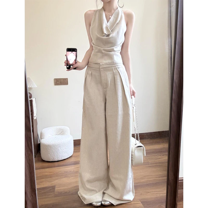 荡领挂脖系带背心阔腿裤两件套女2025夏季新款高级感休闲拖地裤子