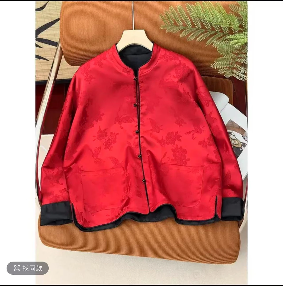 新中式早春款女士复古中国风外套 提花立领红色短款上衣