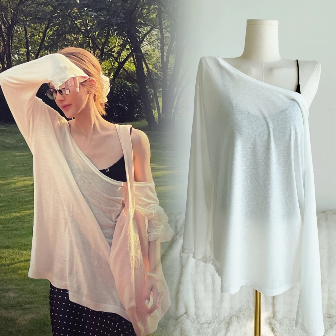 赵露思同款白色斜肩天丝亚麻防晒罩衫日常慵懒一字露肩长袖上衣薄