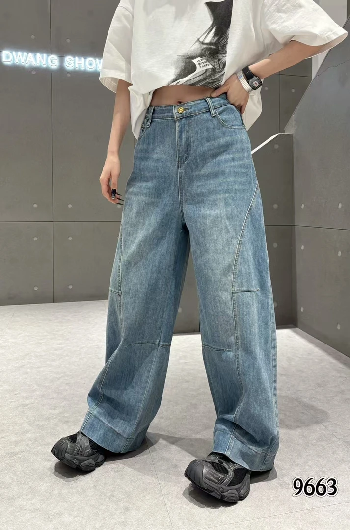 大码复古弧形女秋冬新款宽松显瘦高腰阔腿直筒裤子