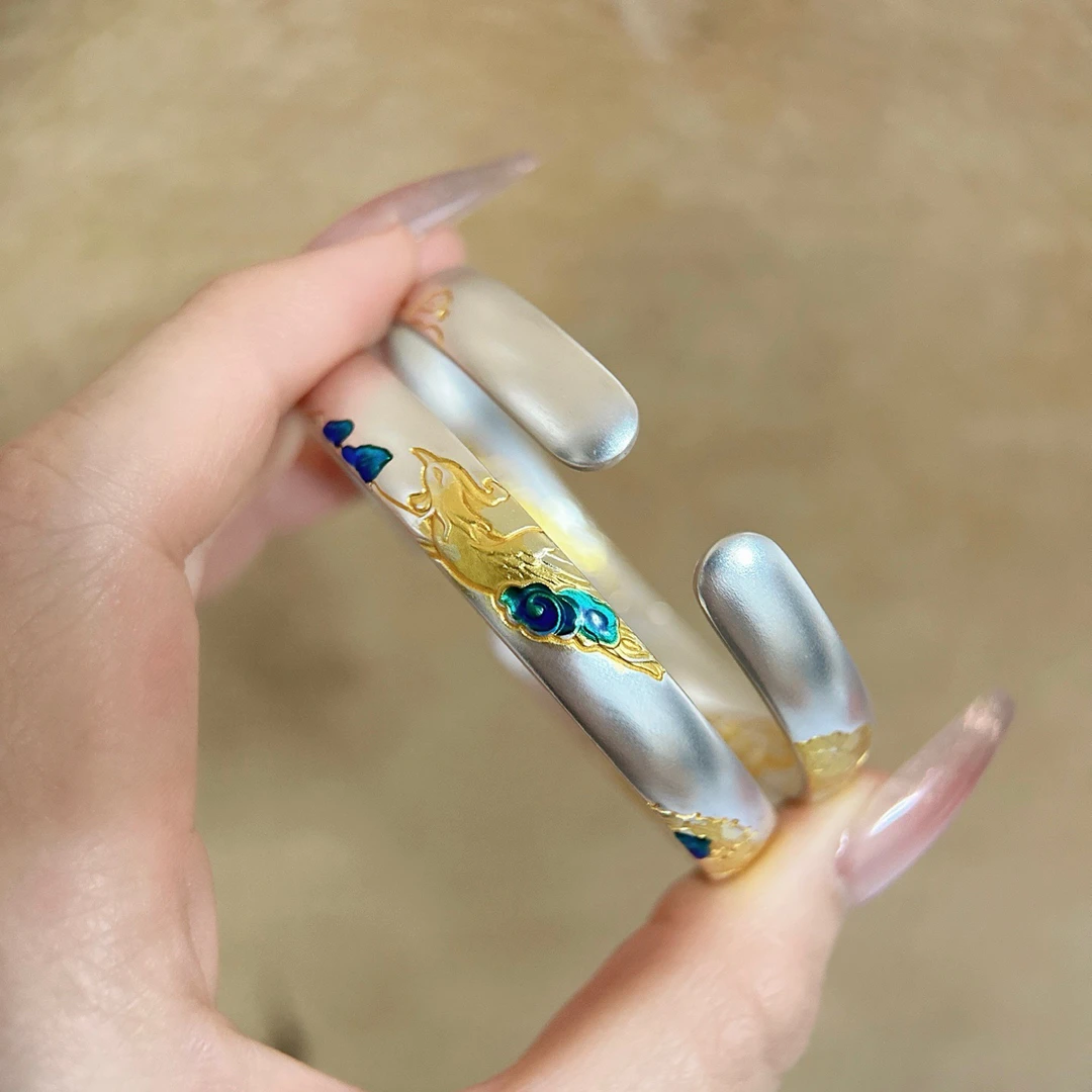 足银手镯 正品足银999.9祥云女珐琅描金凤凰开口实心古法镯子首饰