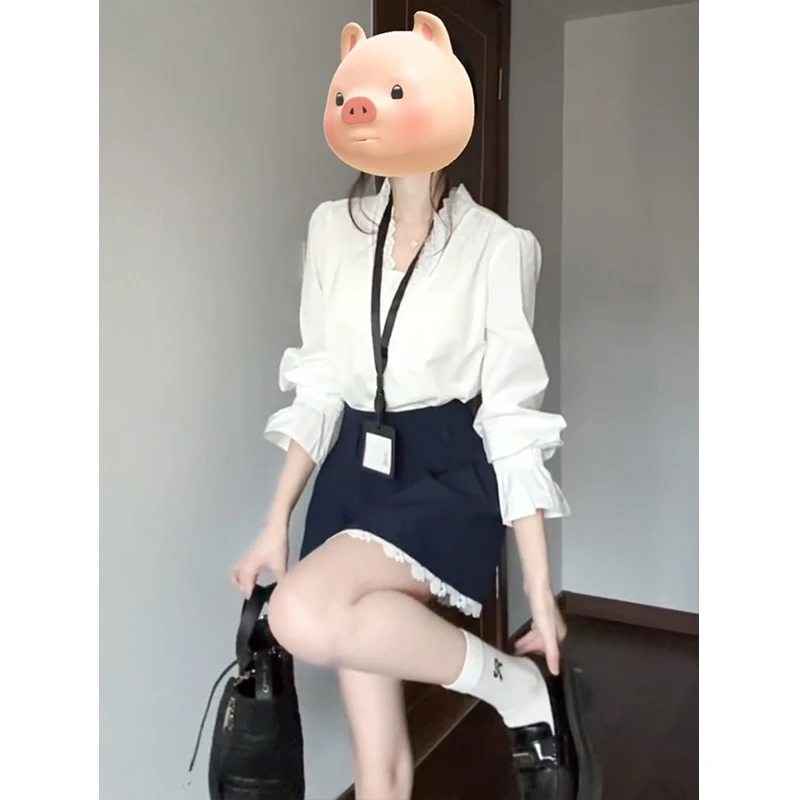 法式白色蕾丝花边v领衬衫女春季设计感气质减龄宽松显瘦别致上衣