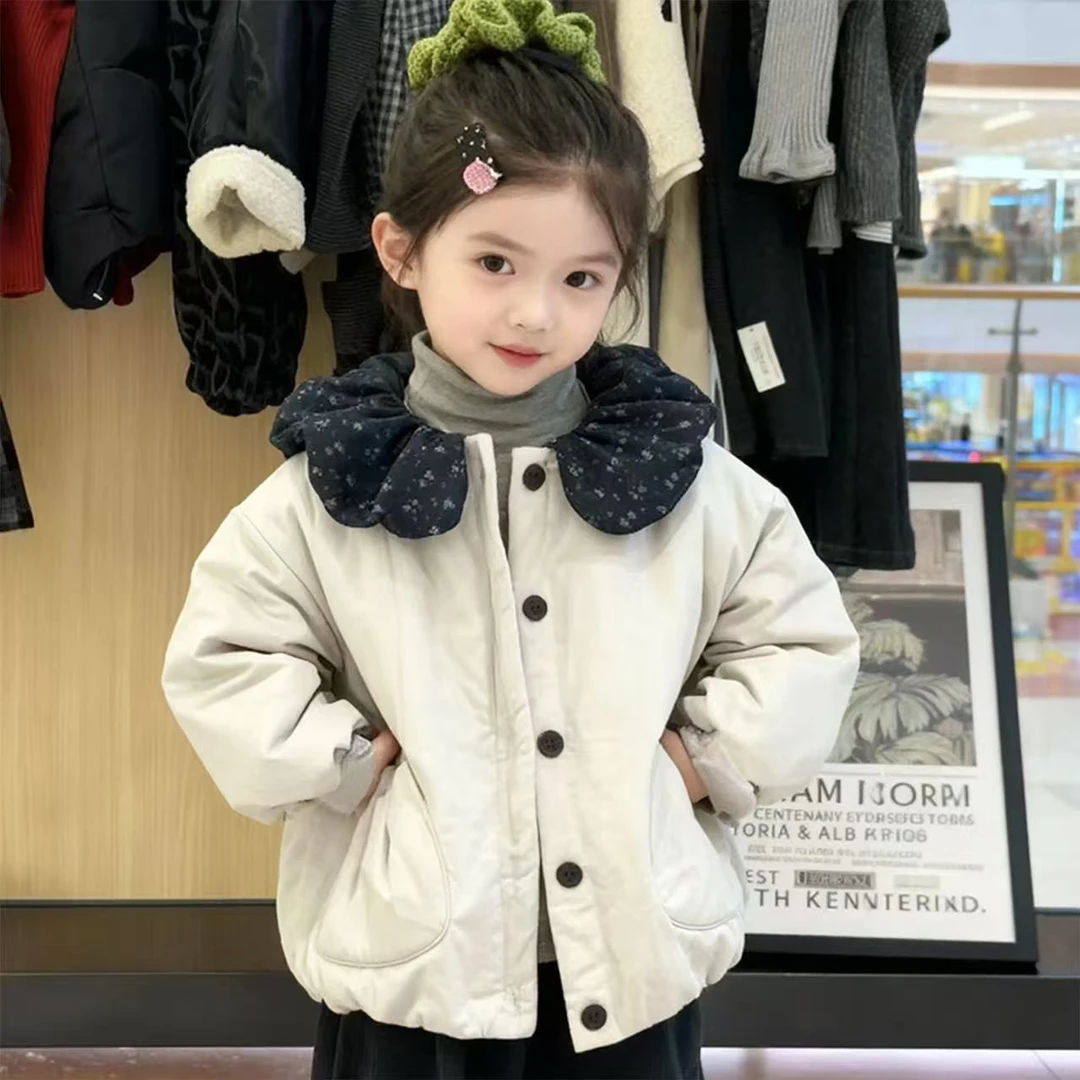女童棉服冬款中小童宝宝韩版时髦棉袄儿童碎花娃娃领夹棉加厚外套