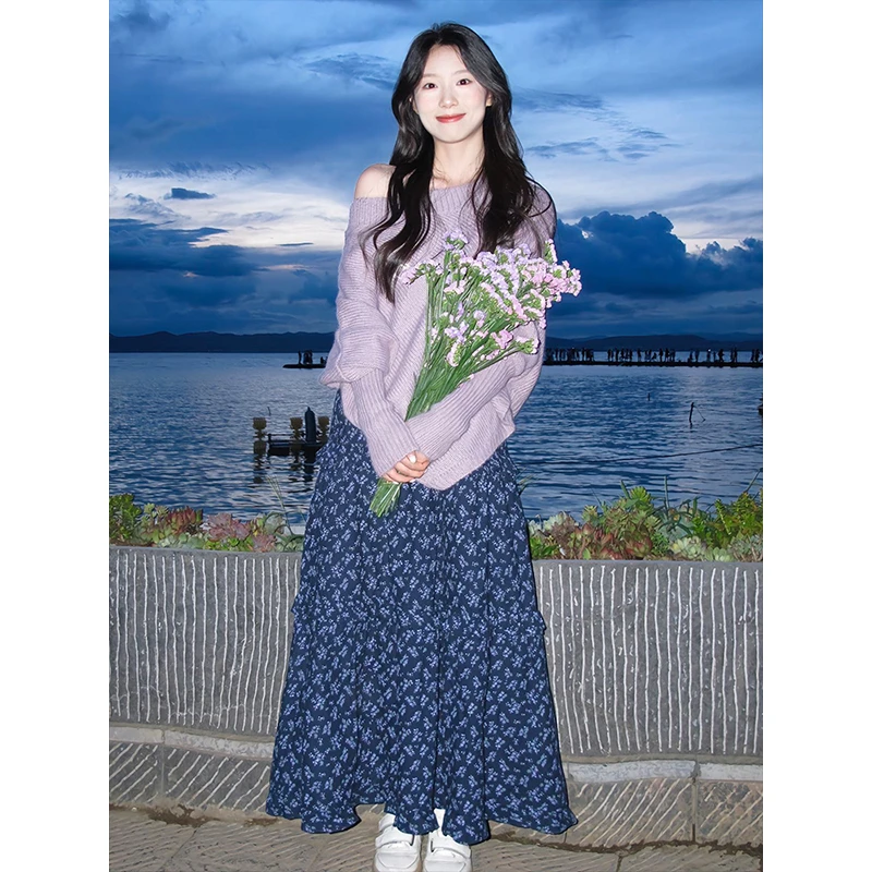 秋天一整套穿搭韩系早秋超好看独特绝美漂亮小套装碎花连衣裙子女