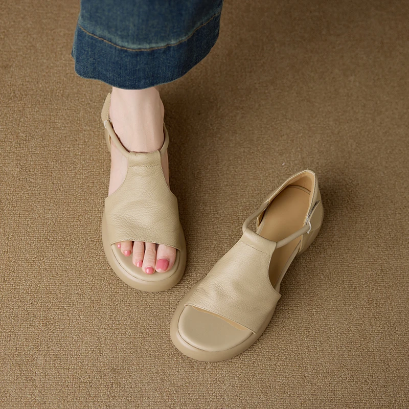 巨好穿软真皮圆头露趾凉鞋女夏季新款魔术贴舒适配裙子厚底罗马鞋