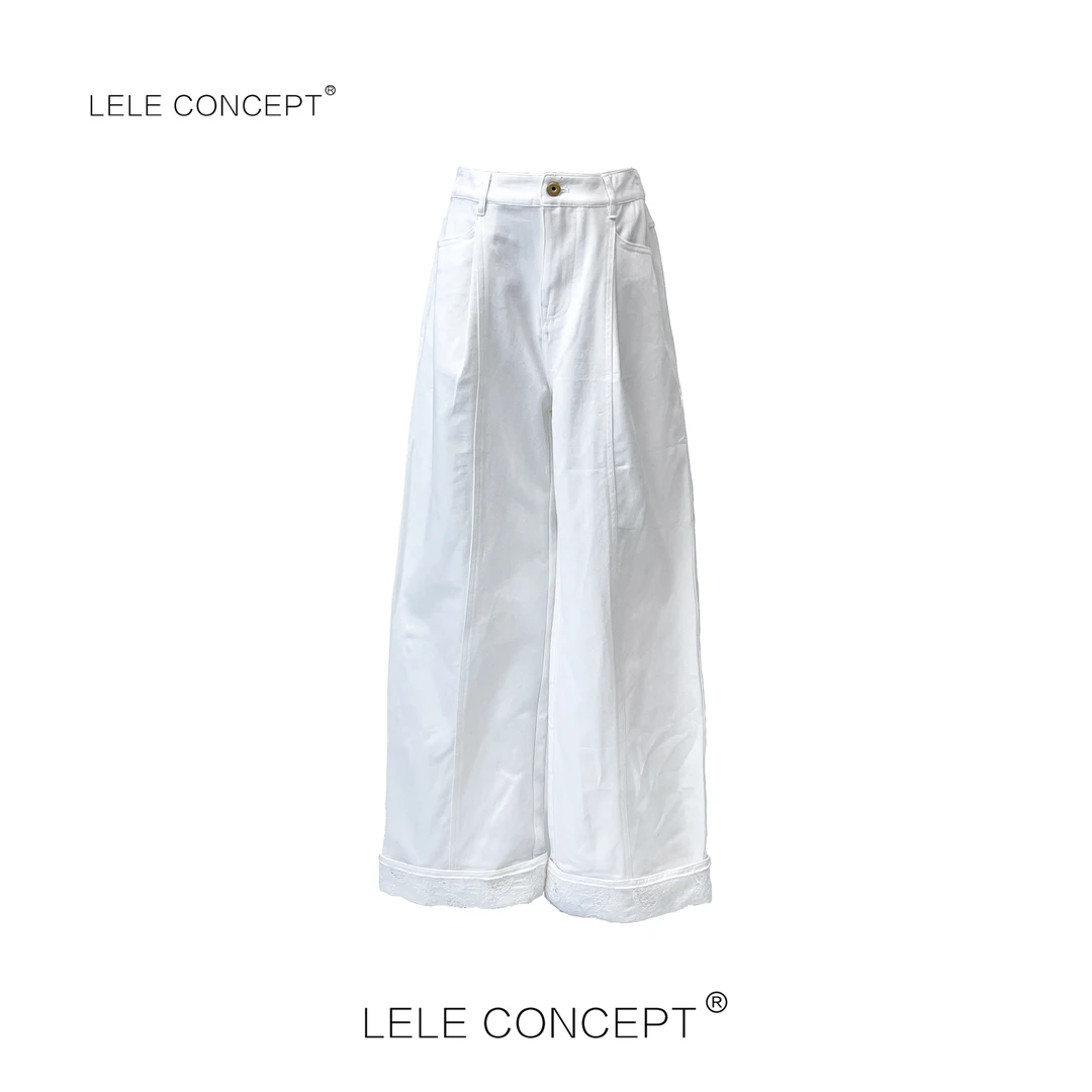 LELE CONCEPT｜【如一】中线翻边蕾丝阔腿裤白色高腰百搭休闲K0355