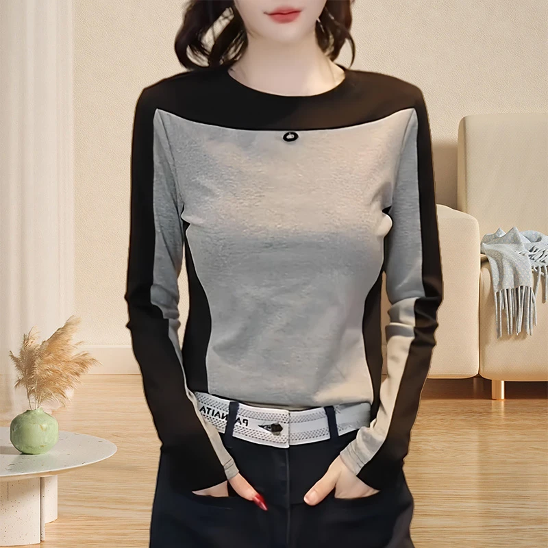韩系早秋时髦修身显瘦打底衫德绒内搭上衣ins拼色圆领长袖T恤女装