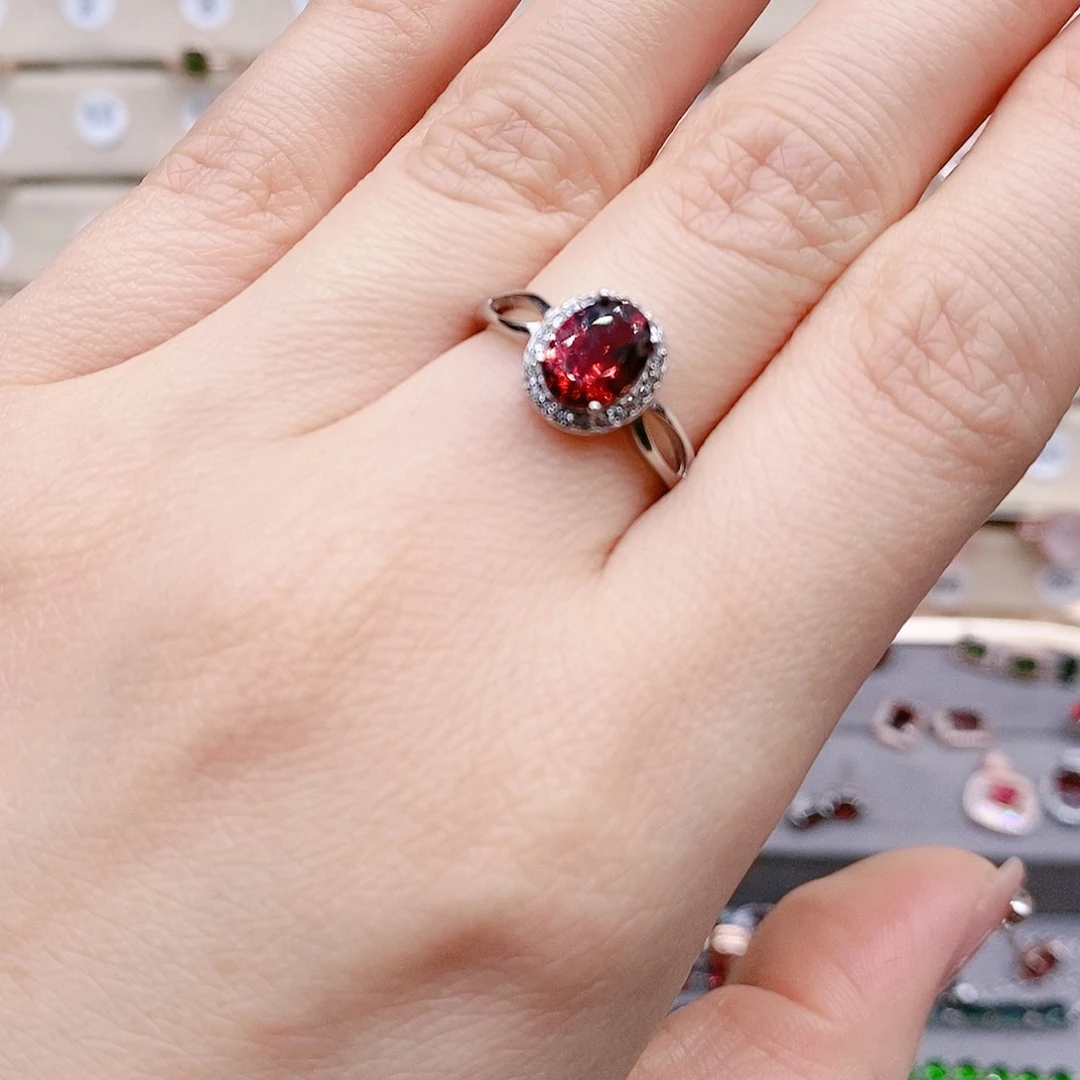 石榴石戒指银S925镶嵌戒指