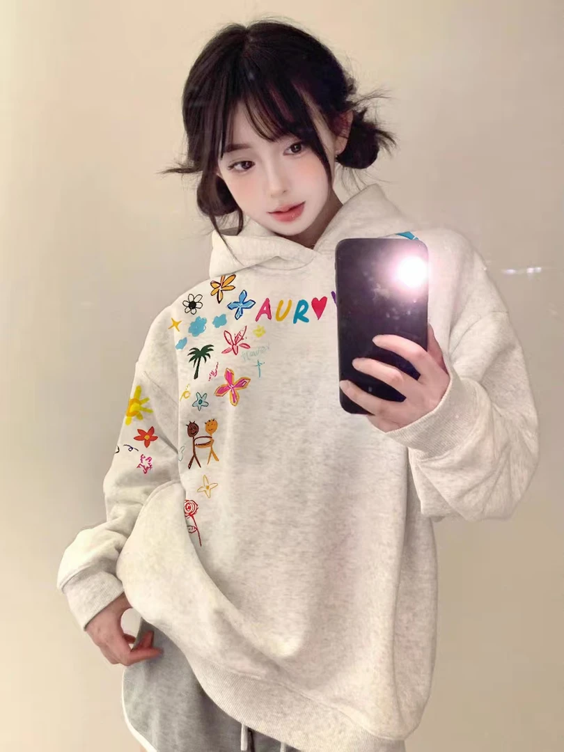 重磅纯棉灰色连帽卫衣女2025秋冬新款宽松设计感小众美式高街帽衫