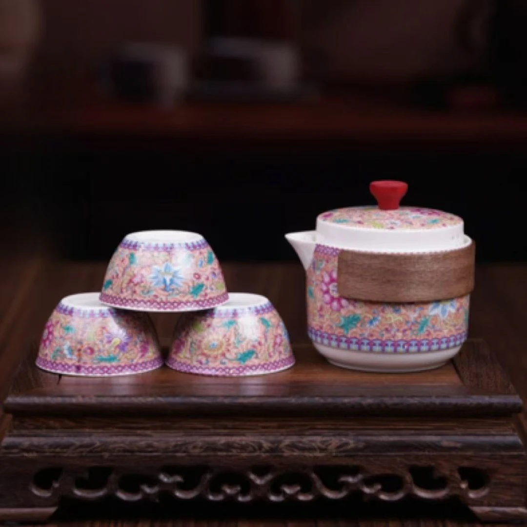 青花瓷一壶三杯红藏花杯团花壶缠枝莲杯珐琅团圆壶旅行套装KK0319