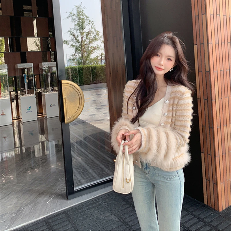 财阀千金风毛袖V领毛衣外套女秋冬季小香风名媛气质针织开衫上衣