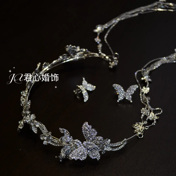 君心家 1452合金水钻花朵流苏发箍耳环三件套个性清冷感写真头饰