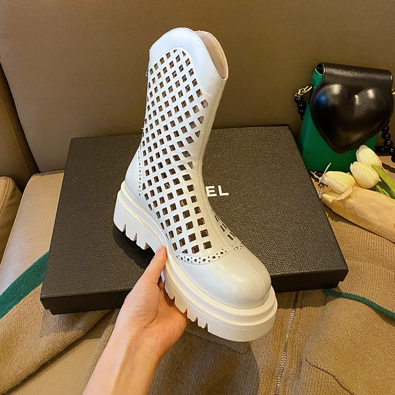 5cm夏季网靴镂空马丁靴牛皮百搭洞洞靴圆头透气凉靴001-22