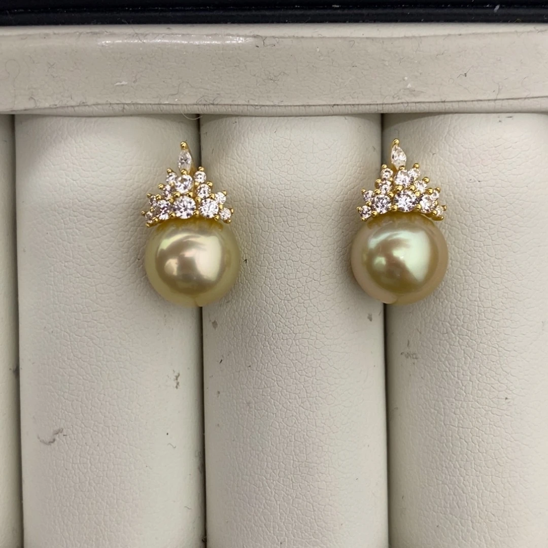 定制海水珍珠银S925镶嵌耳饰金珠对珠10-11mm