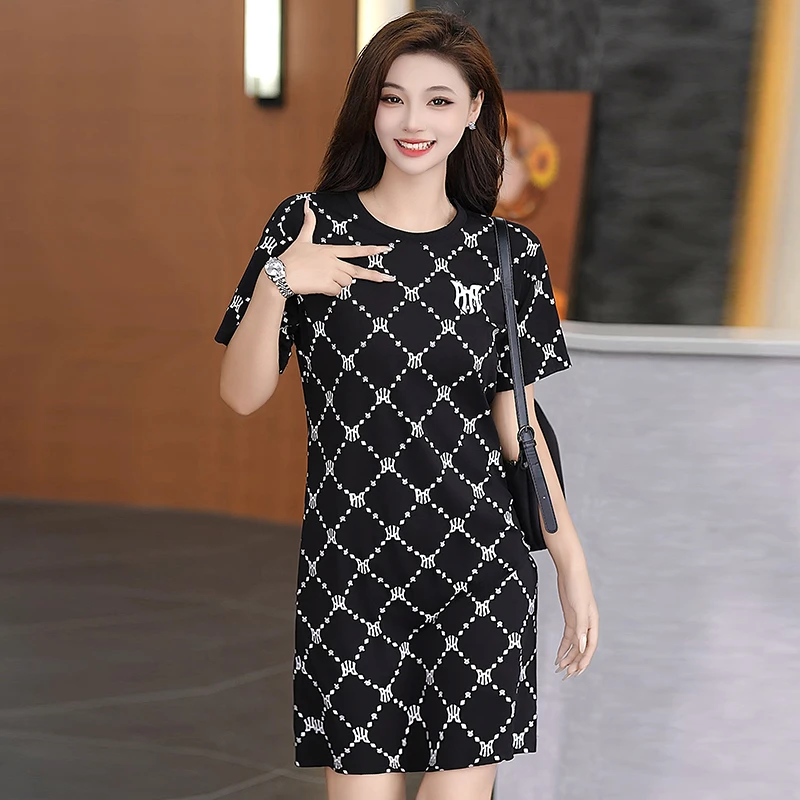 夏季圆领连衣裙女舒适时尚潮流休闲韩版miu系大小姐短袖直筒长裙