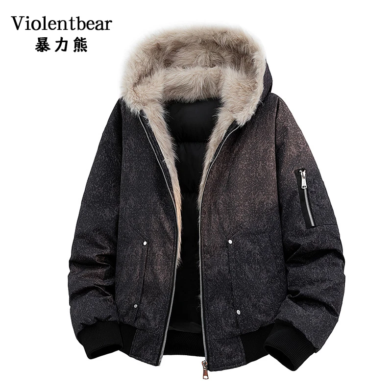 暴力熊2025新款宽松潮牌毛领连帽棉衣男潮流飞行夹克外套冬季棉服
