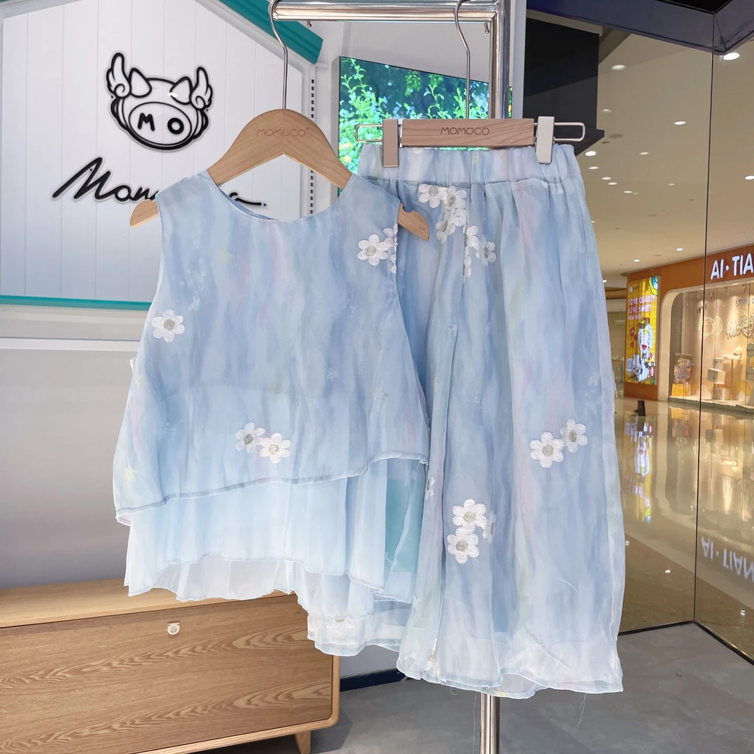 MOMOCO女童夏季甜美蓝色可爱花朵刺绣背心裤子套装77630580141