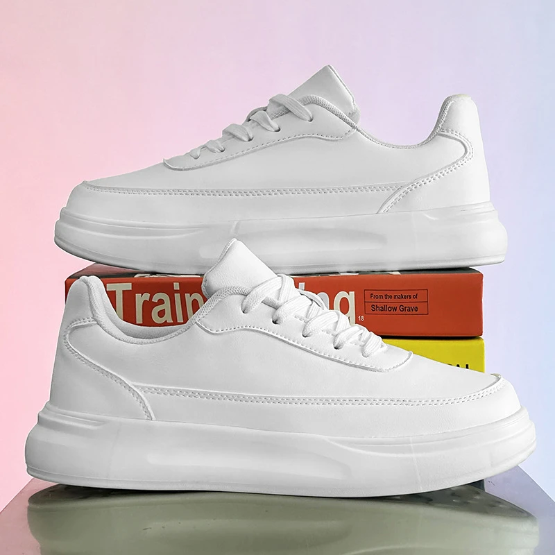 秋季纯白色板鞋男士厚底真皮情侣款休闲潮流小白鞋隐形内增高39