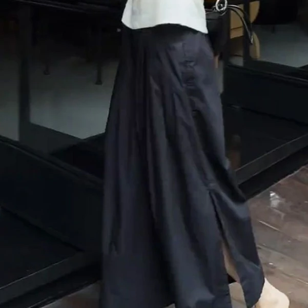 夏季高腰显瘦七分裤时尚潮流松紧腰宽松百搭裤裙女开叉阔腿休闲裤