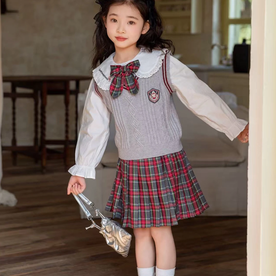 女童学院JK女套装百褶冬季单排扣水手服学院风格子