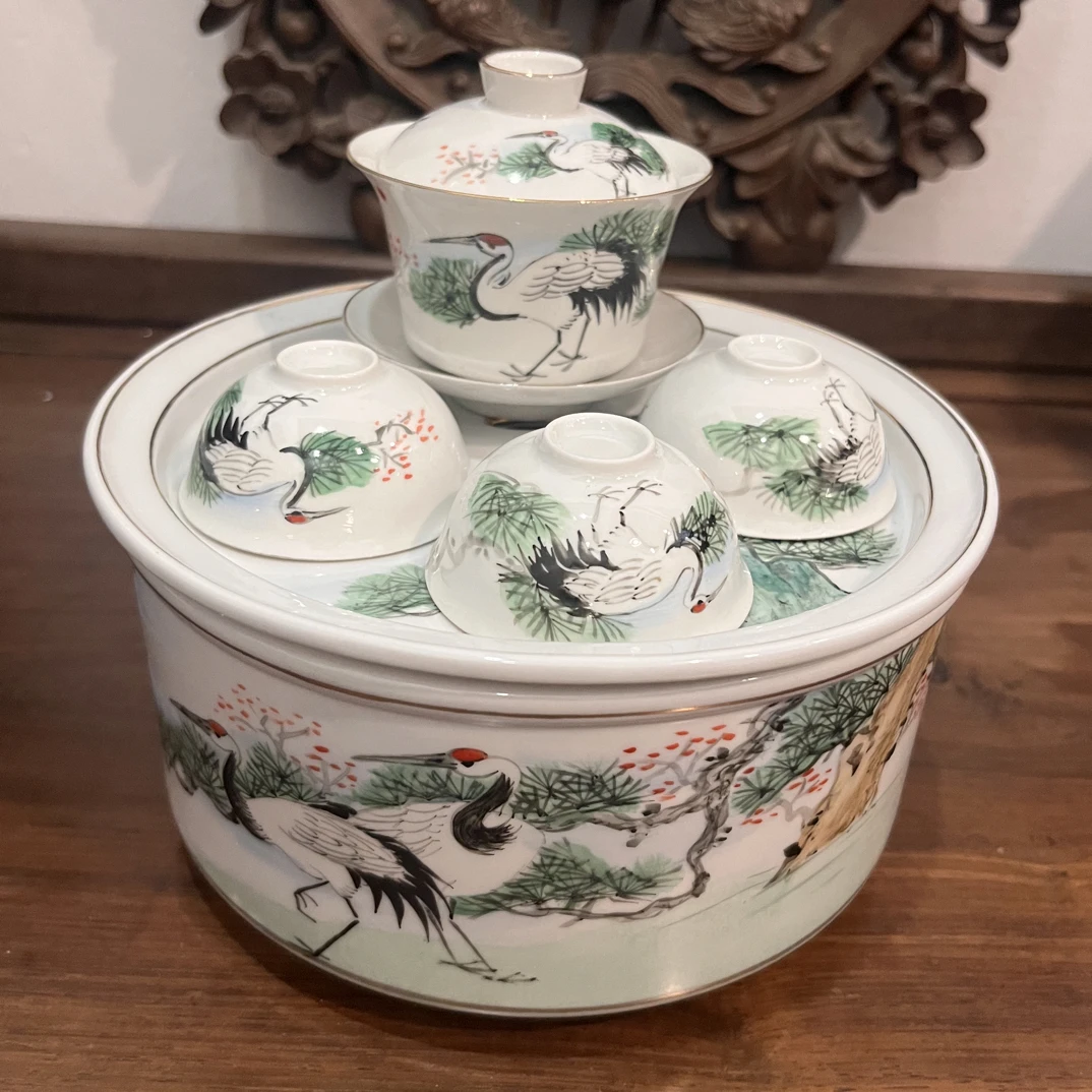 九十年代松鹤工夫茶具套装(盖碗容量90cc杯子容量28cc)