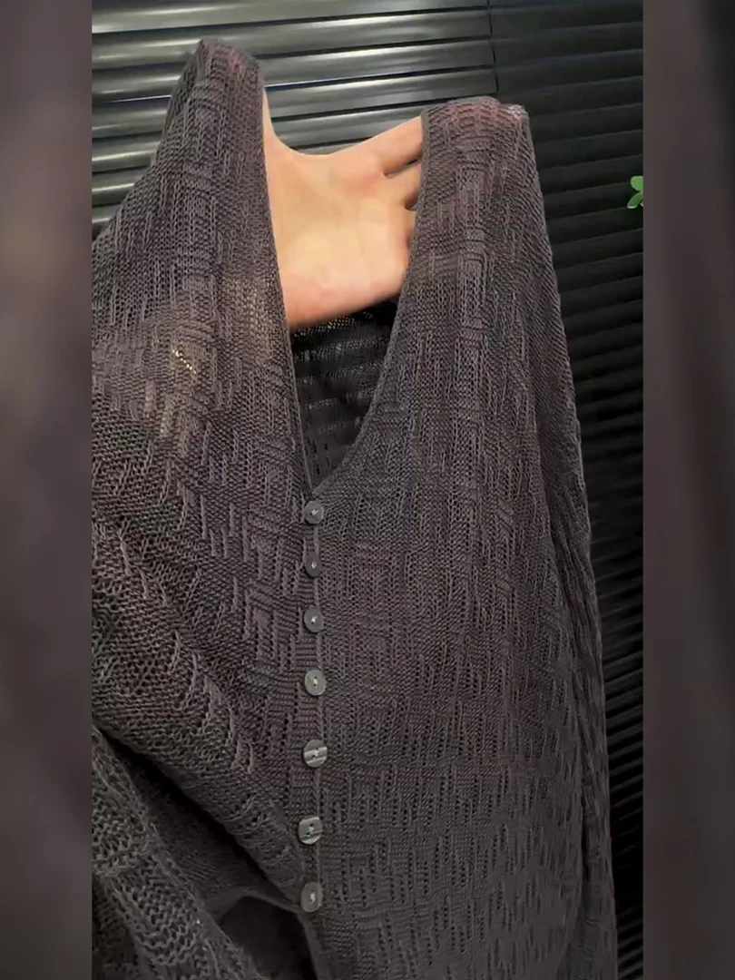 慵懒风百搭黑色v领防晒针织衫新款休闲风宽松显瘦长袖上衣2025秋