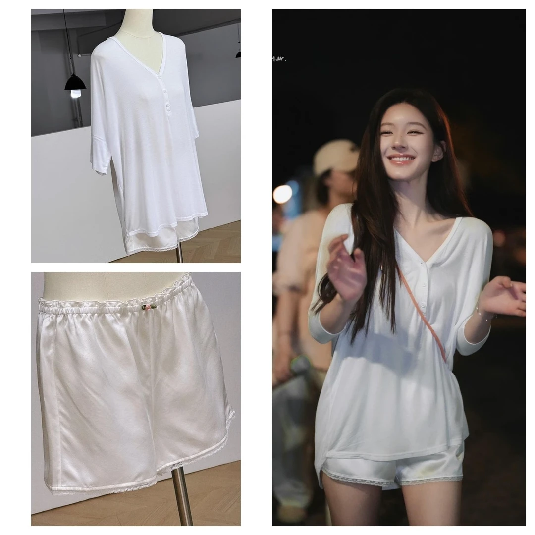 露思同款春秋季睡衣女2025新款针织上衣纯欲高级感短裤家居服套装