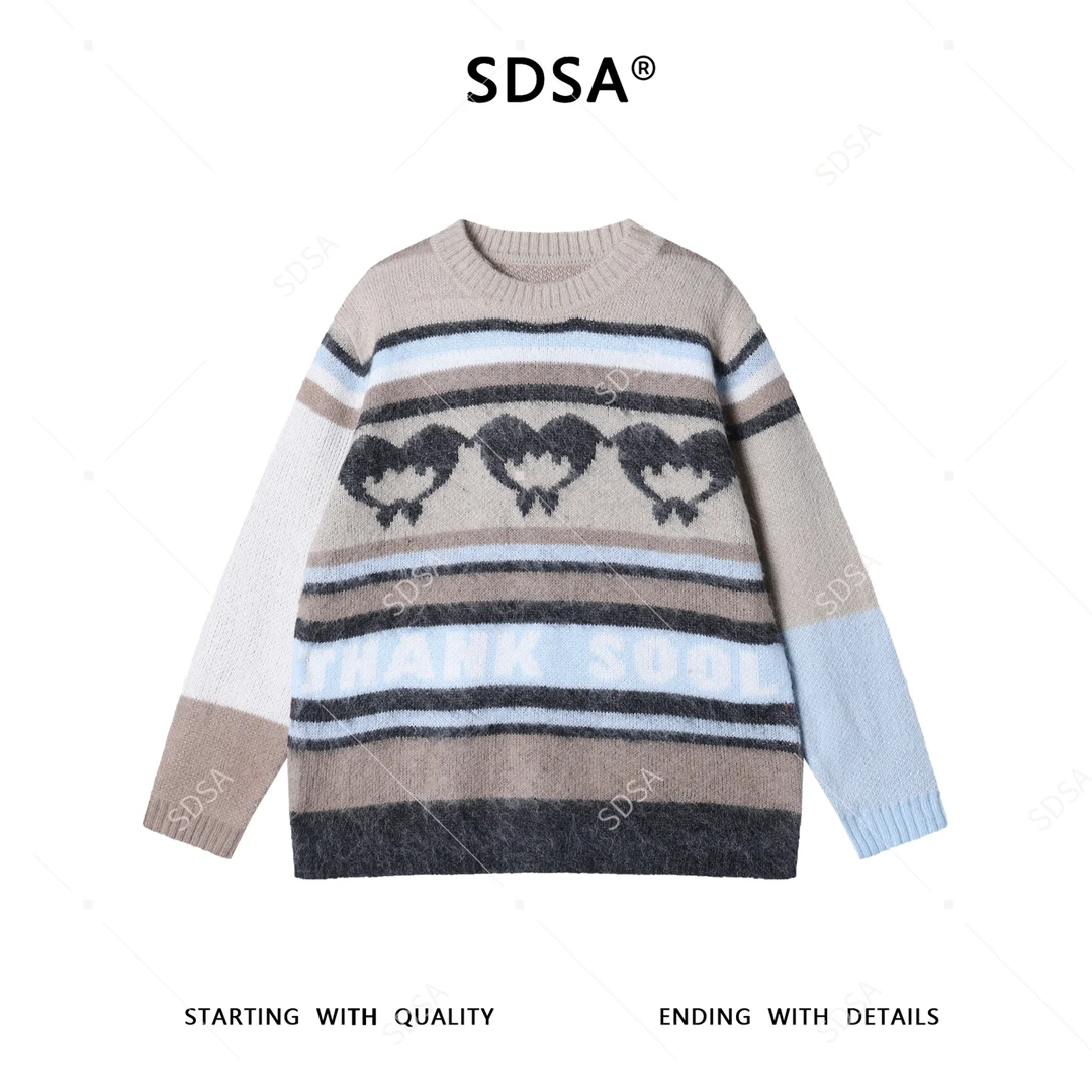 SDSA男士秋冬新款痞帅男装韩版撞色条纹毛衣慵懒风百搭套头针织衫