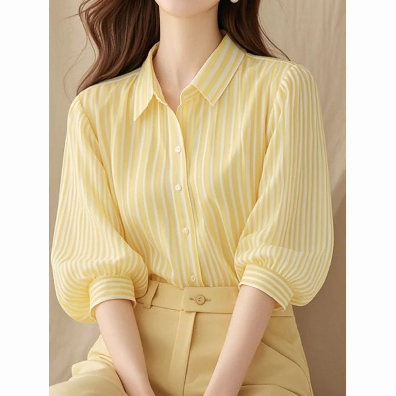 夏季新款法式绝美正肩五分袖上衣女高级2025气质灯笼黄色条纹衬衫