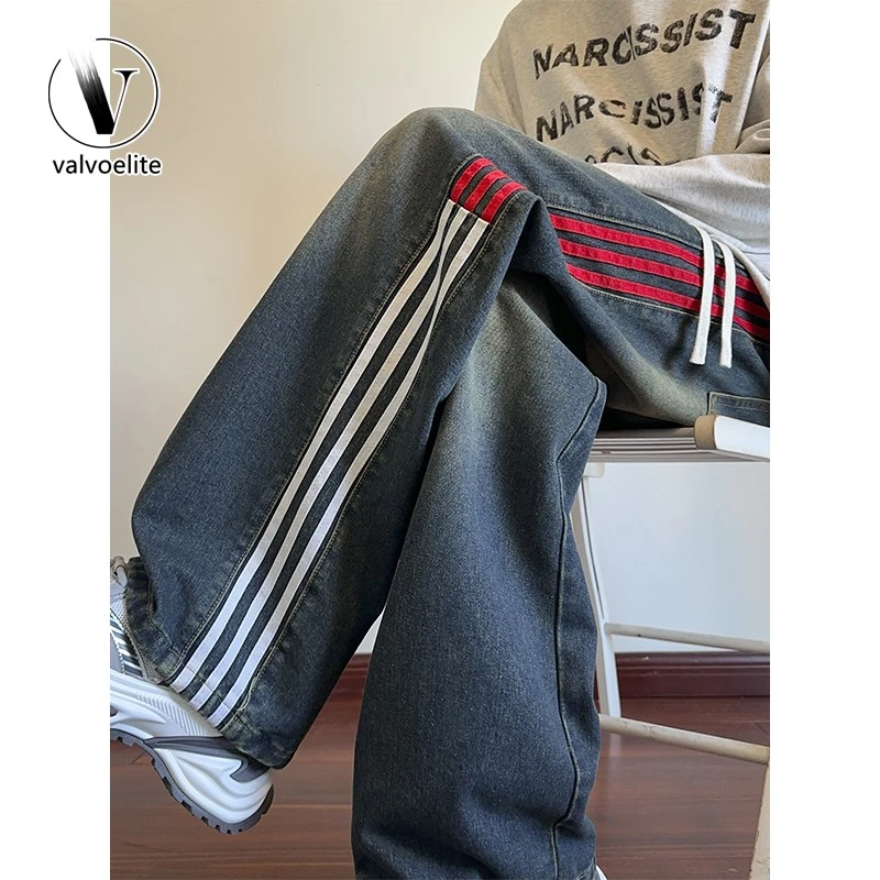 VALVOELITE覆古蓝条纹牛仔裤女秋季新款宽秋季深蓝女秋季白色阔腿