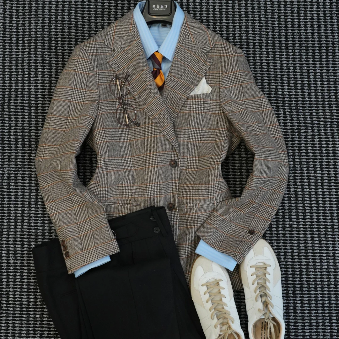 男士亲王格50羊毛平驳领磨毛秋冬格子保暖西服上装西服高级感男装