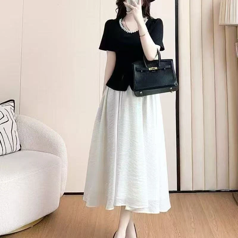 夏季新款法式高级感圆领钉珠收腰显瘦气质轻奢超清冷系禅意衣服女