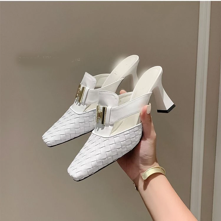 编织高跟浅口包头纯色中跟包头拖春夏凉鞋明星同款百搭鞋子