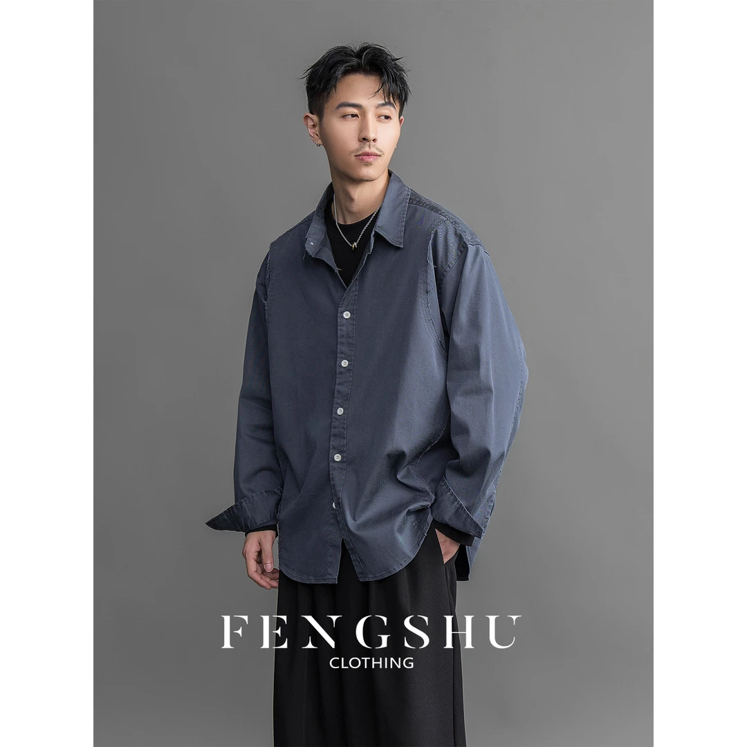 FENGSHU 秋季简约莱赛尔翻领长袖衬衫男士宽松百搭休闲通勤上衣潮