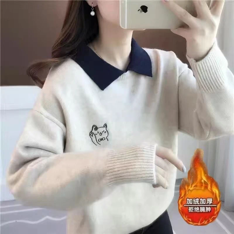 少女童毛衣秋冬加绒加厚12中大童女孩13初中小学生15polo领针织衫