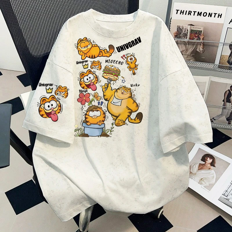 美式国潮夏季扎染短袖男女童爆款加菲猫印花宽松运动风上衣中大童